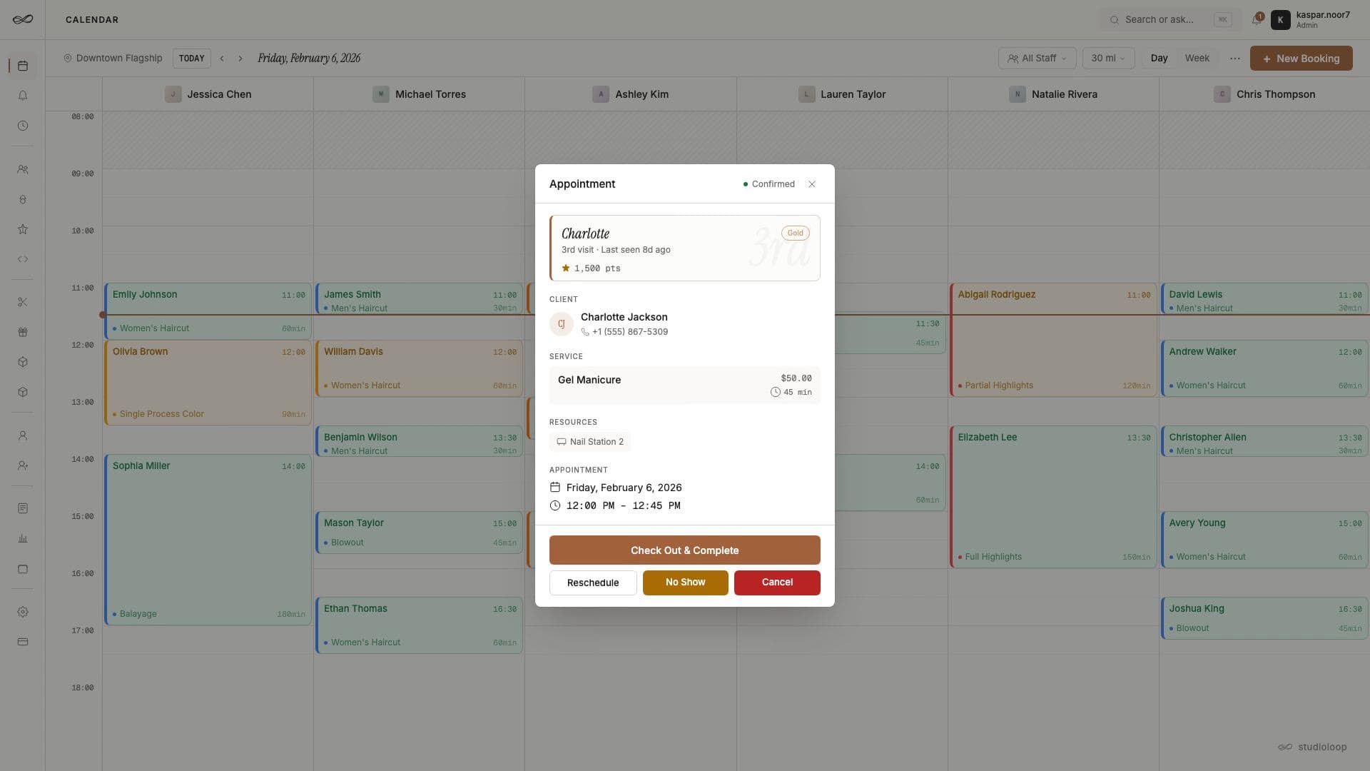The Studioloop owner console showing the day's bookings on the calendar