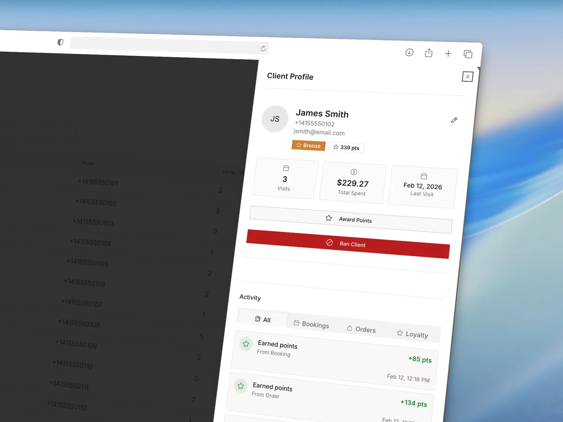 Client profile in the Studioloop console showing visits, total spend, loyalty points, and recent activity for one client