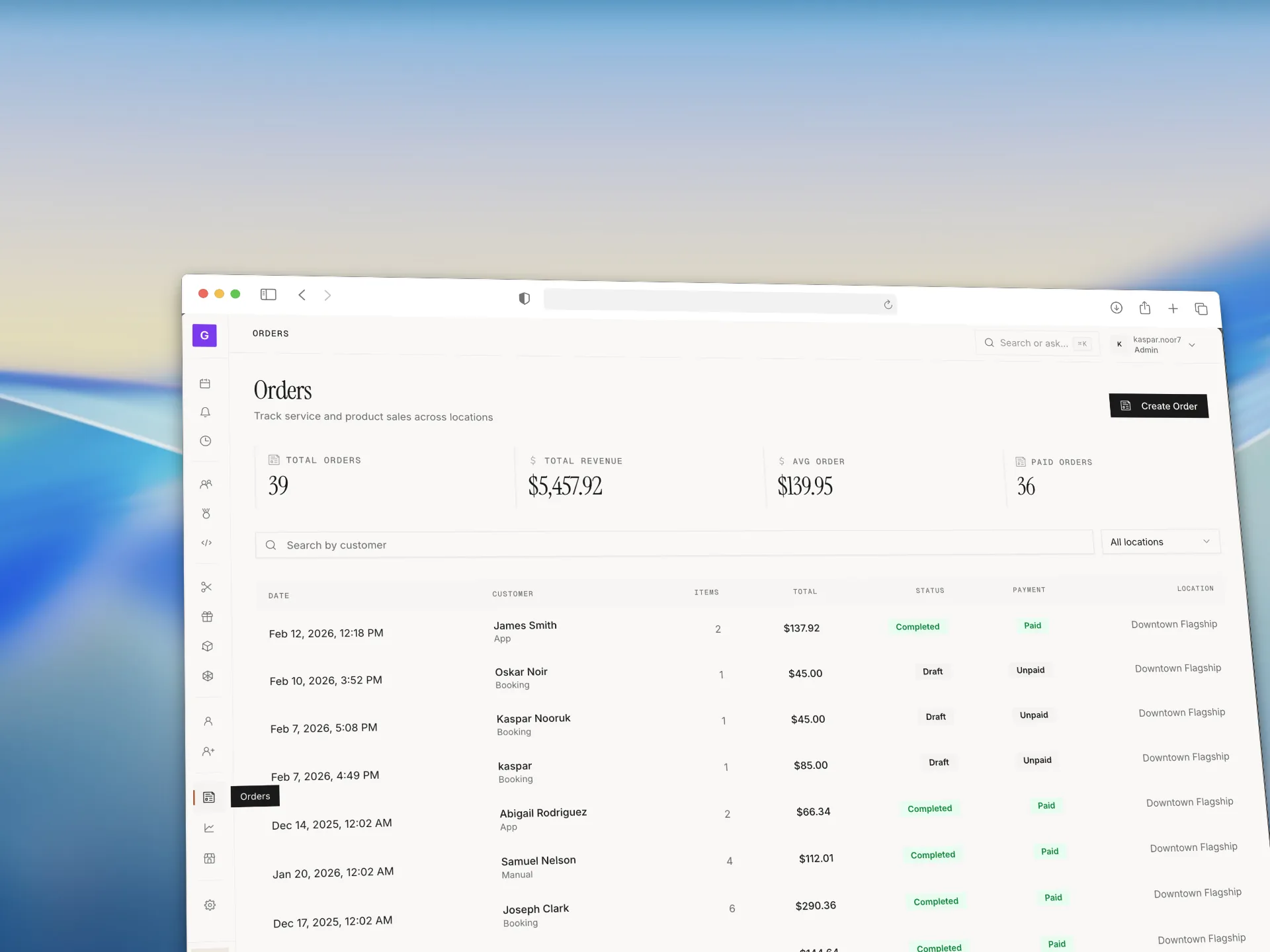 Orders page in the Studioloop console listing point-of-sale transactions with amounts and payment methods
