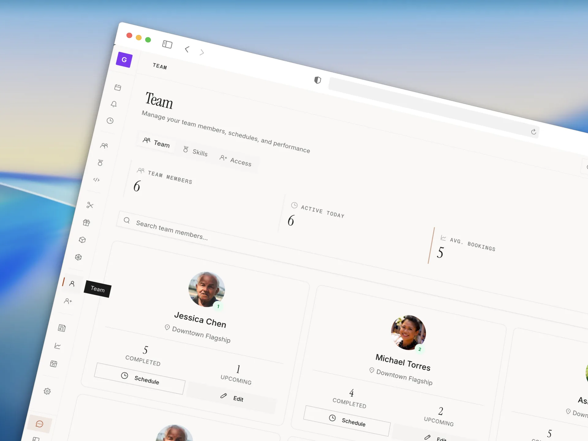 Team page in the Studioloop console showing staff profiles with roles, schedules, and commissions