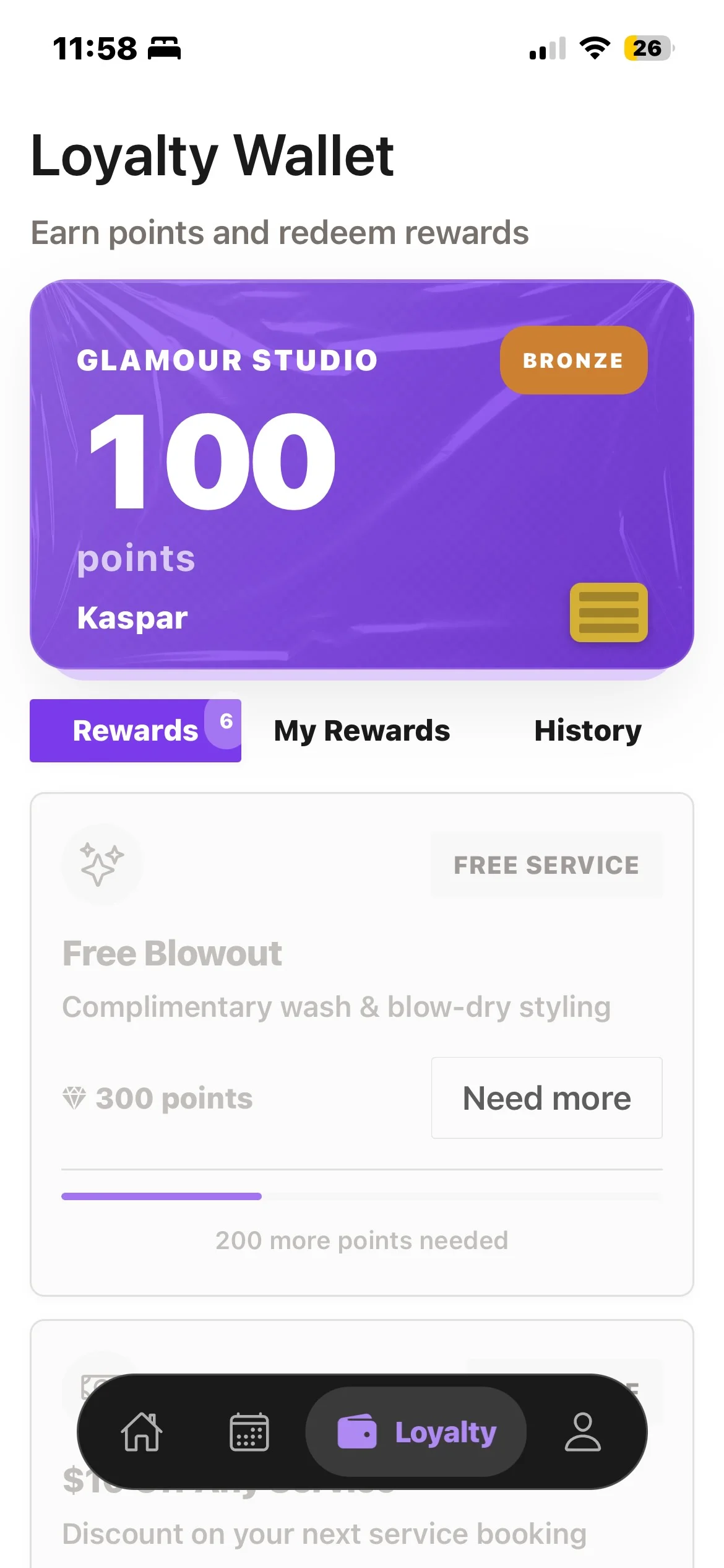 Loyalty Wallet screen in the Studioloop client app showing a salon points card with a points balance and rewards to redeem