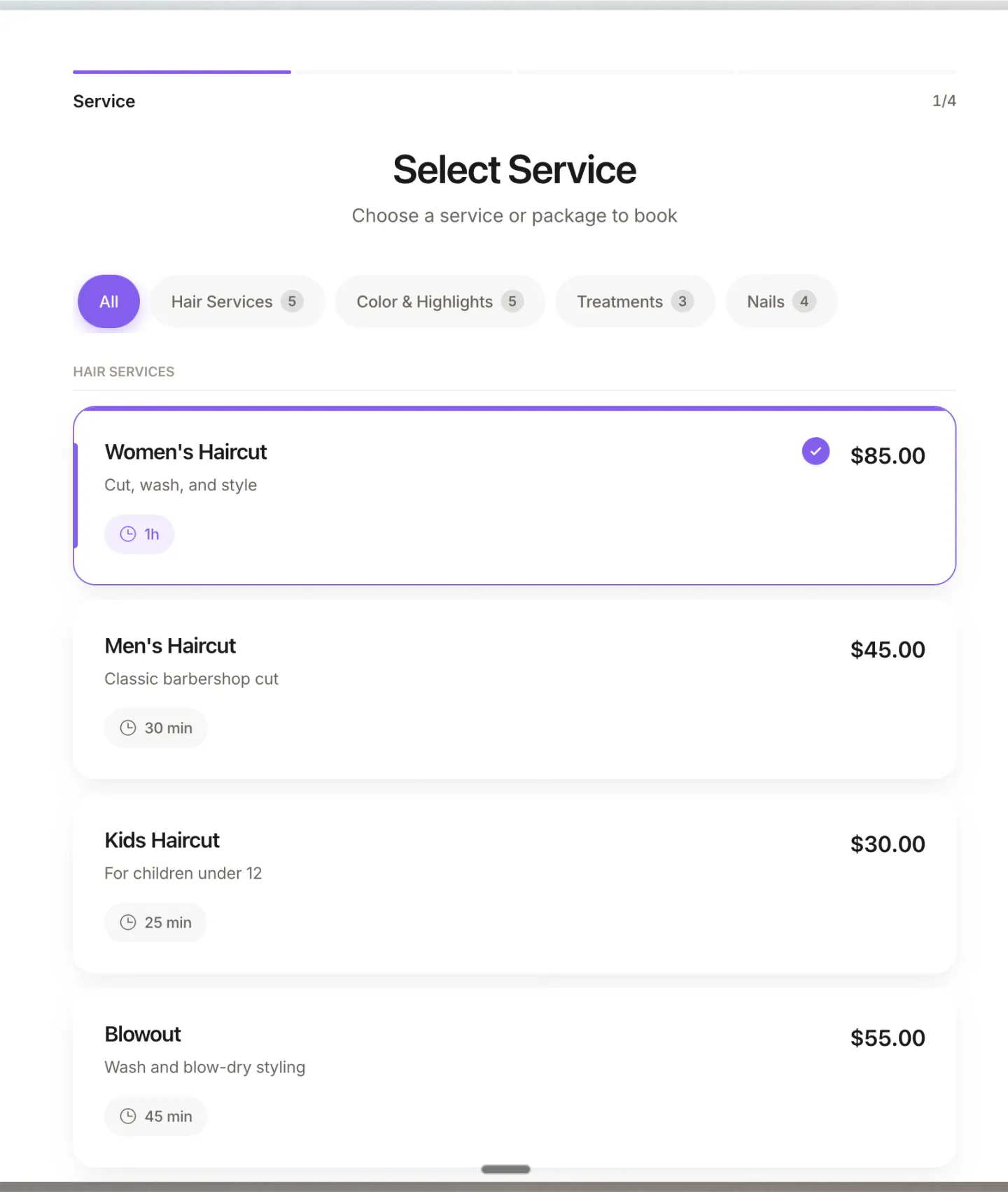 The Studioloop booking page embedded on a salon website, showing the Select Service step with service categories and prices