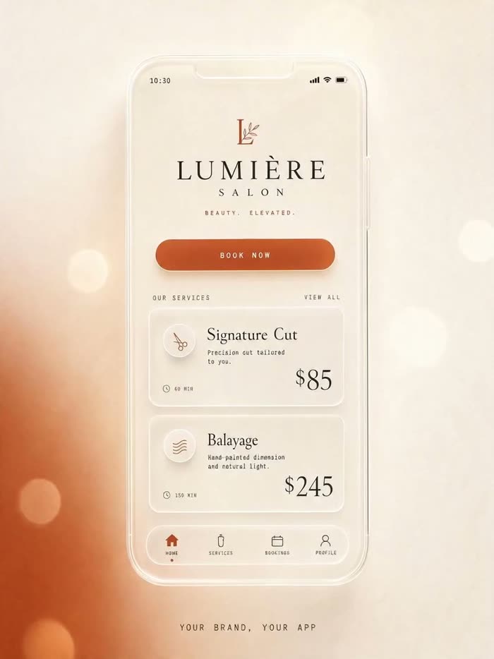 The same client app reskinned to a salon's own brand, colors, and logo